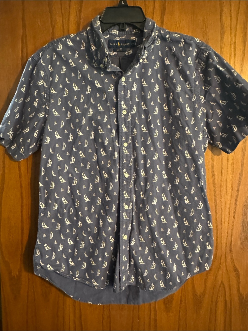 Ralph Lauren Navy Short-Sleeve Button-Up with White Sailboat Print